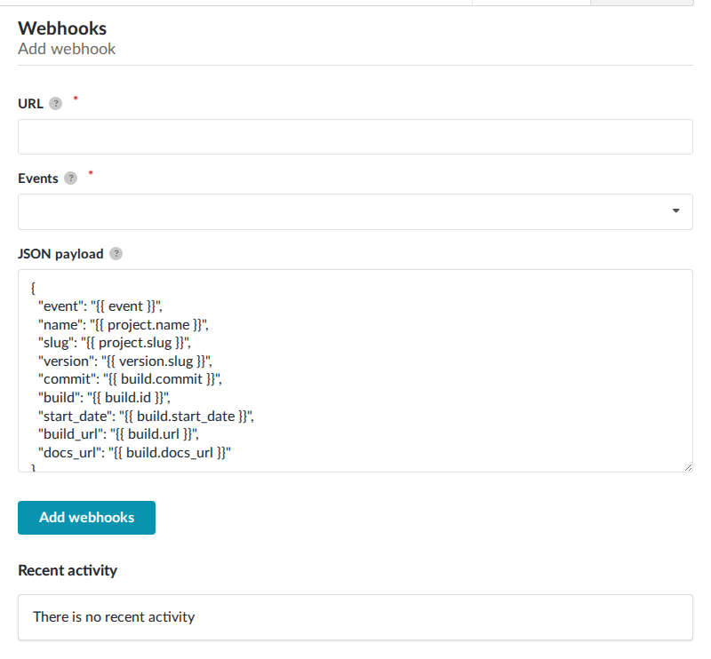 Form for creating a new webhook